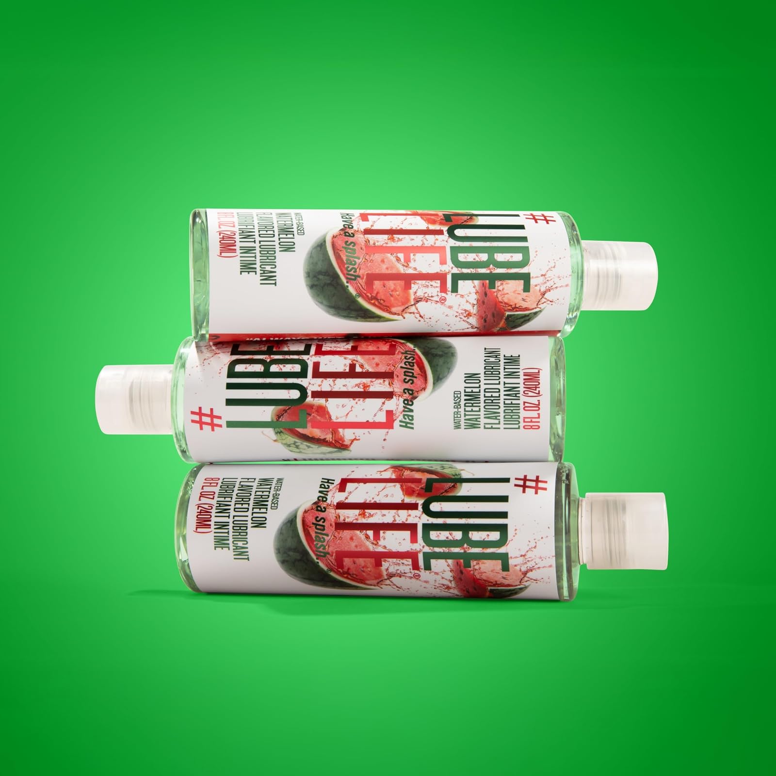 Three bottles of LubeLife watermelon flavored lubricant showing the full label
