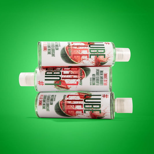 Three bottles of LubeLife watermelon flavored lubricant showing the full label