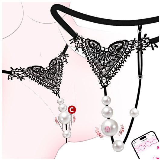 Black lace pearl thong with a clitoral vibrator and app control