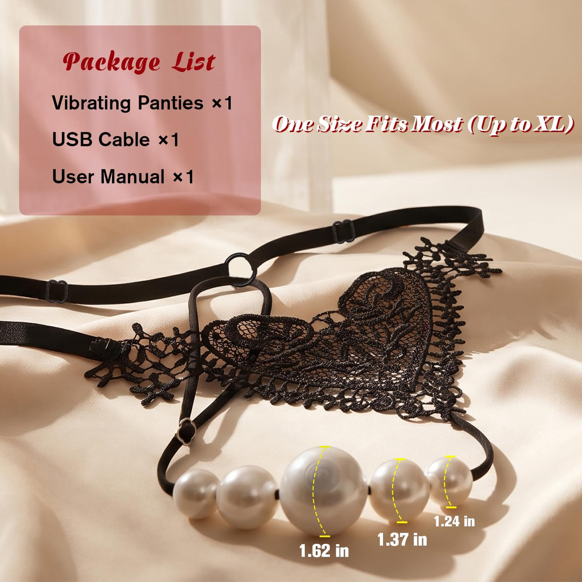 Pearl diameters of 1.62, 1.37 and 1.24 inches, and the package contents