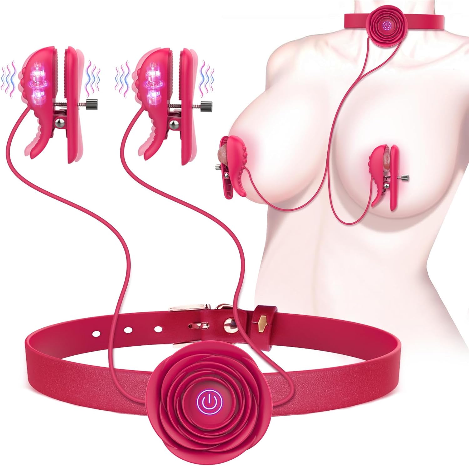 Vibrating nipple clamps with rose necklace remote