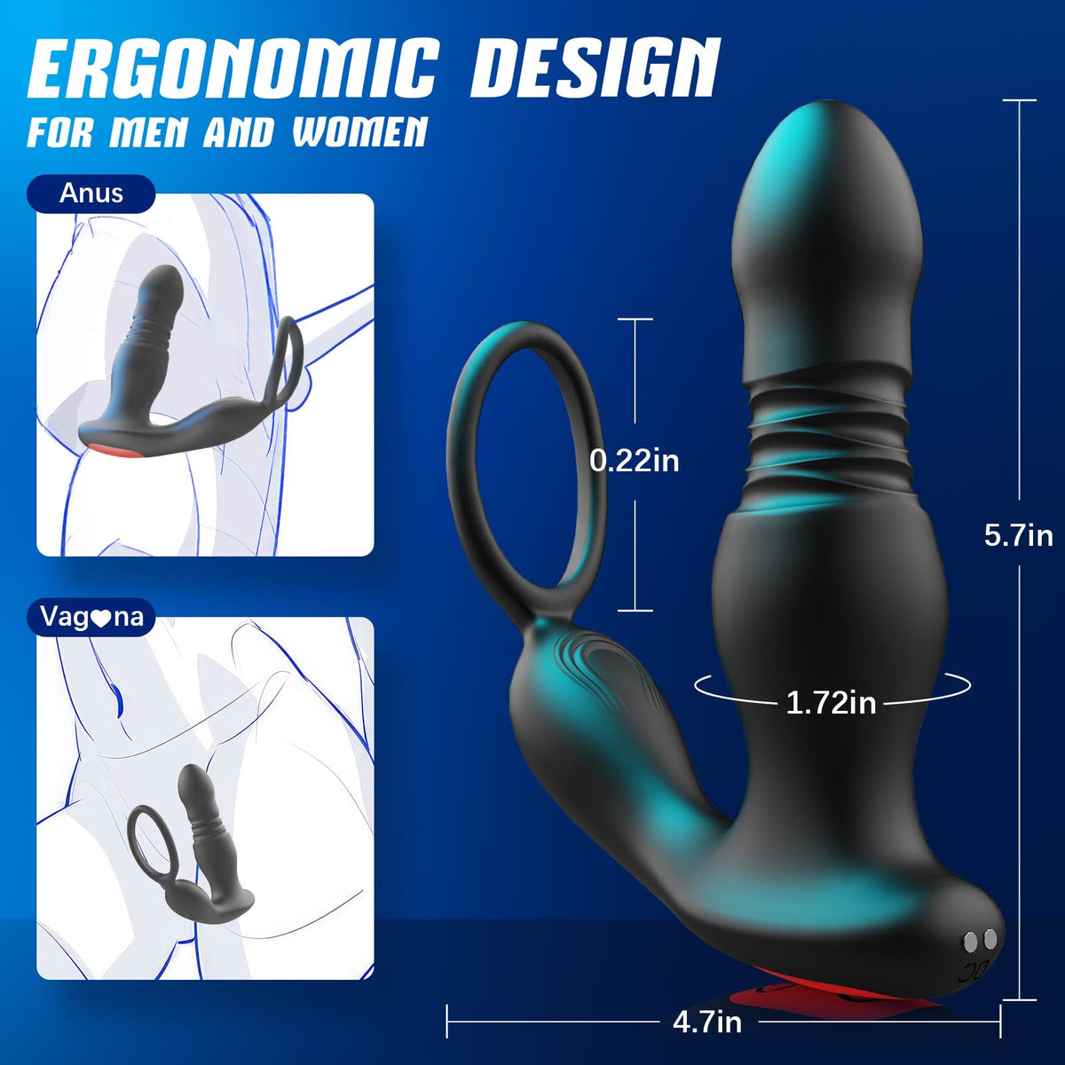 Dimensions: 5.7 in tall, 1.72 in widest diameter, 4.7 in front to back, with anatomical fit diagrams