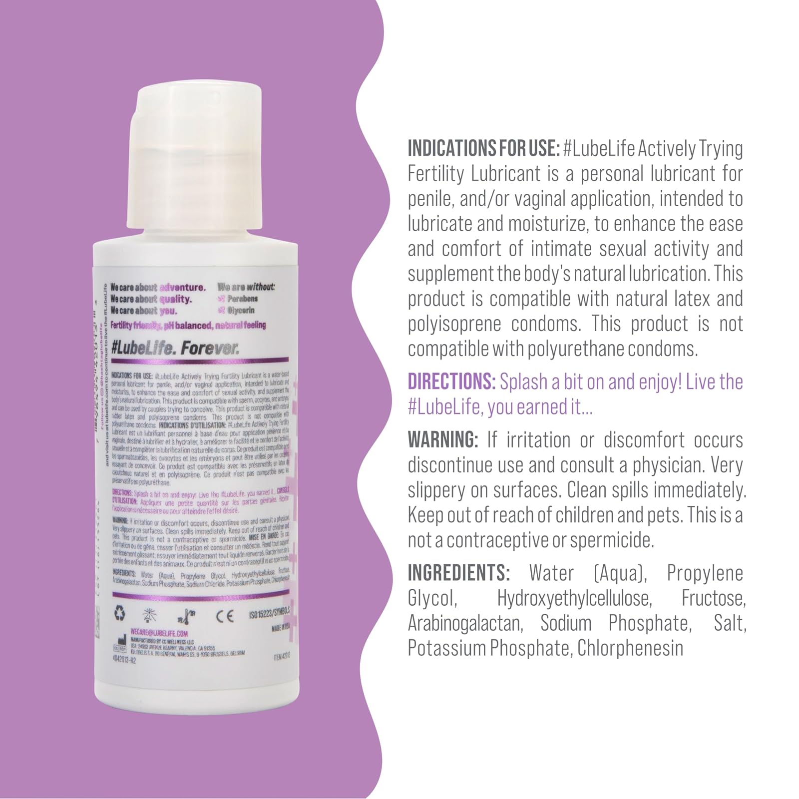 Back label of LubeLife fertility lubricant showing directions and full ingredient list