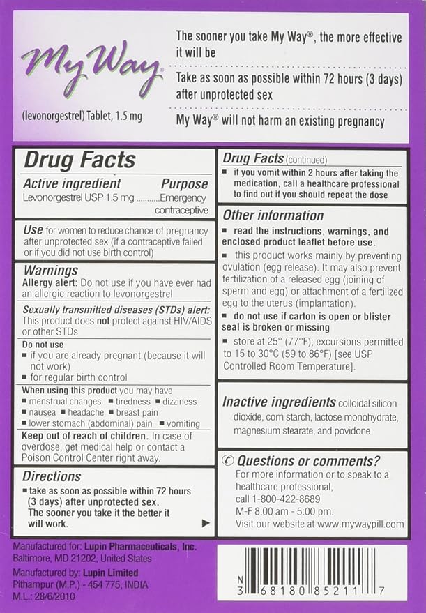 My Way drug facts and instructions