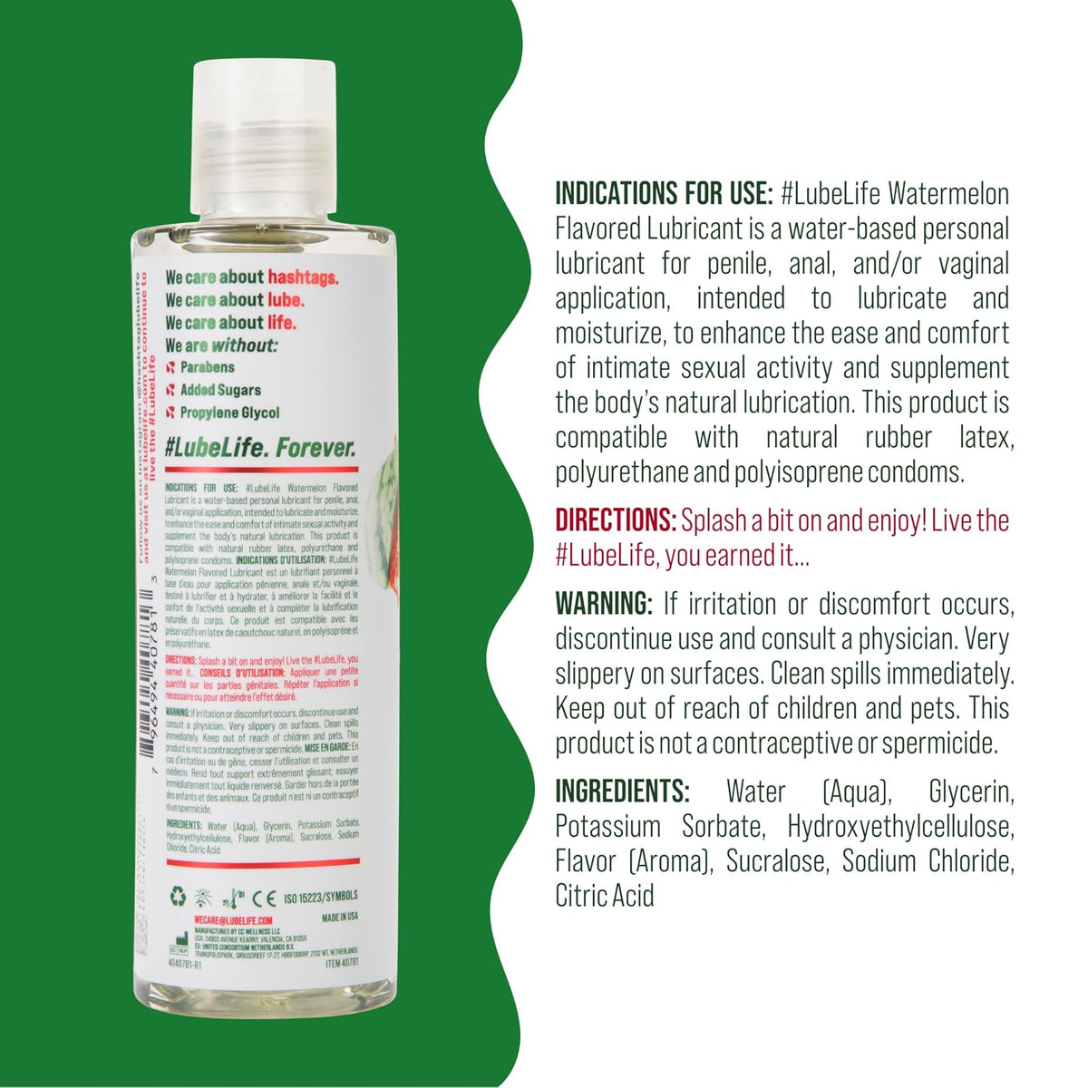 Back label of LubeLife watermelon lubricant showing directions, warnings and full ingredient list