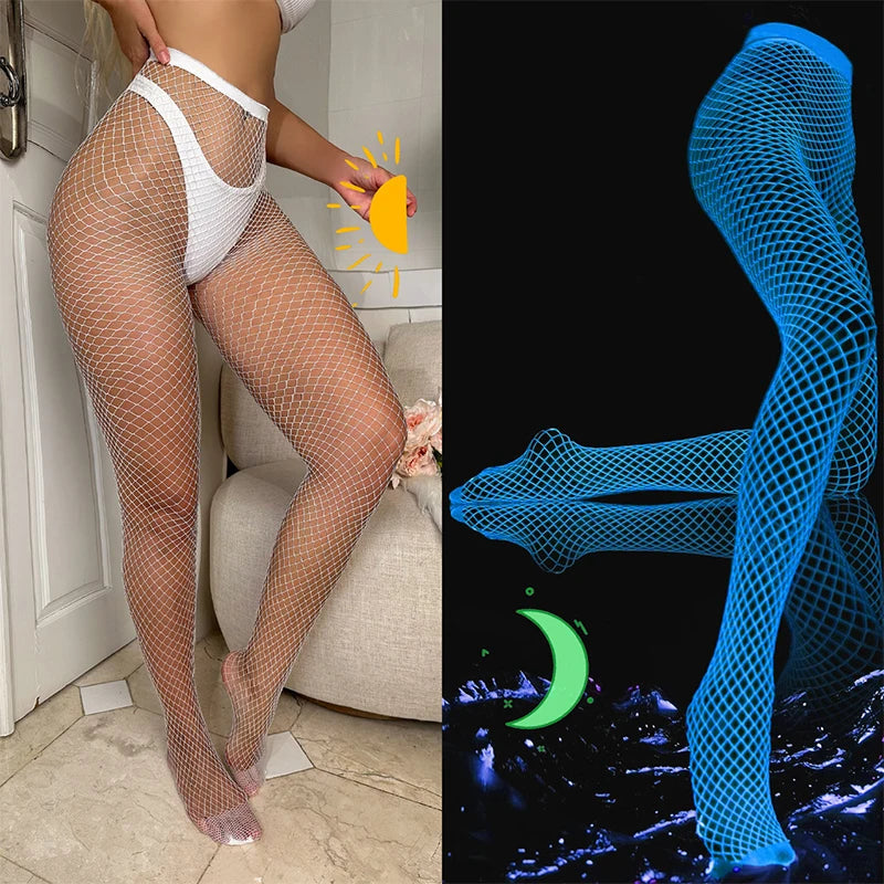 White fishnet tights in daylight beside the same tights glowing blue in the dark
