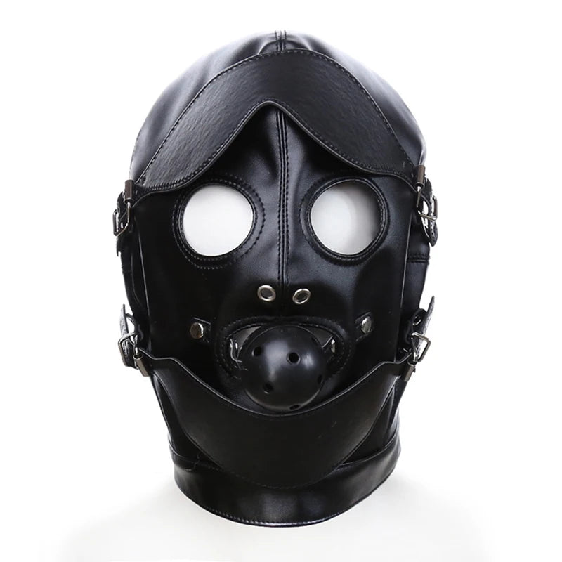 PU Leather Full Head Bondage Hood Mask with Ball Gag and Blindfold