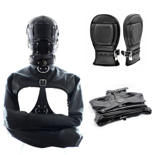 Complete PU leather restraint set - jacket, hood and mitts