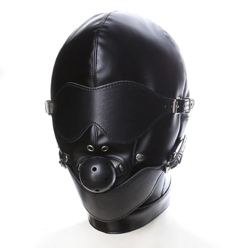 PU Leather Full Head Bondage Hood Mask with Ball Gag and Blindfold