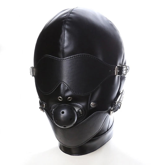 PU Leather Full Head Bondage Hood Mask with Ball Gag and Blindfold