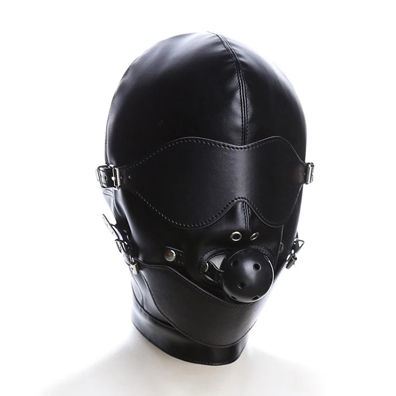 PU Leather Full Head Bondage Hood Mask with Ball Gag and Blindfold