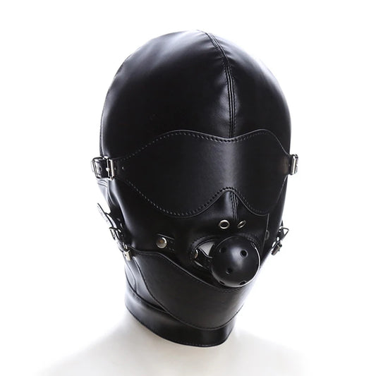 PU Leather Full Head Bondage Hood Mask with Ball Gag and Blindfold