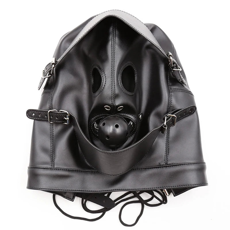 PU Leather Full Head Bondage Hood Mask with Ball Gag and Blindfold
