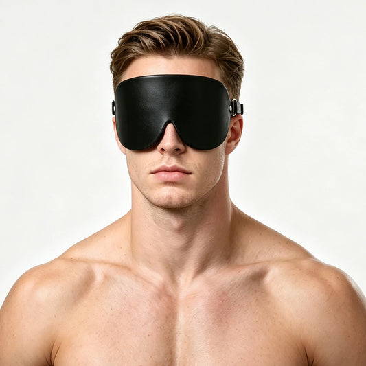Padded black leather blindfold worn, front view