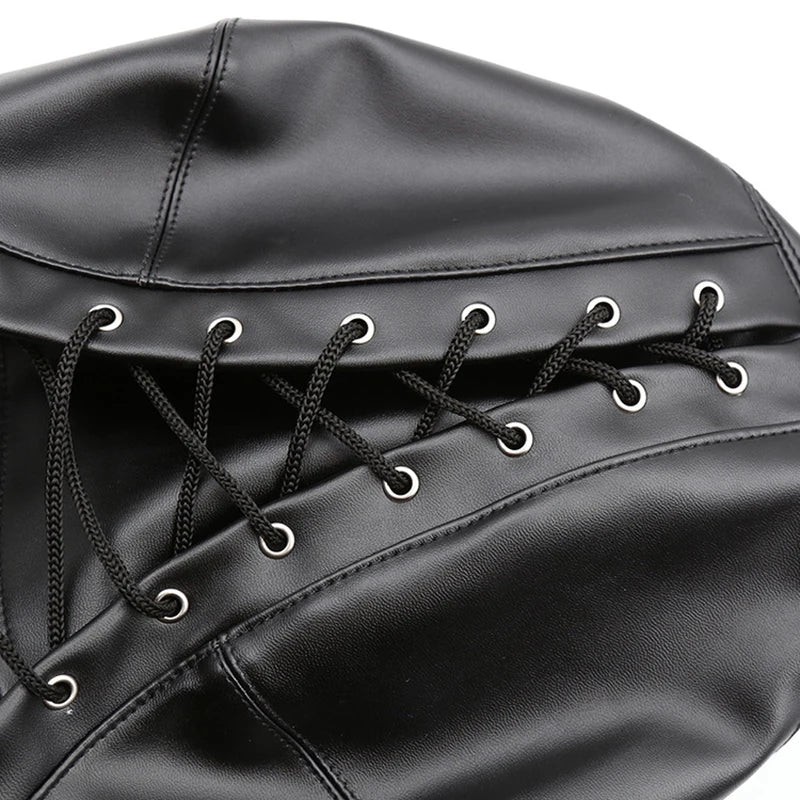 PU Leather Full Head Bondage Hood Mask with Ball Gag and Blindfold