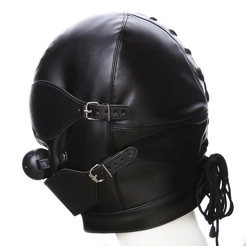 PU Leather Full Head Bondage Hood Mask with Ball Gag and Blindfold