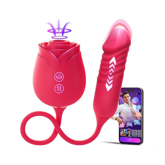 Royal red rose sucker and thrusting shaft joined by a silicone cable, with phone app