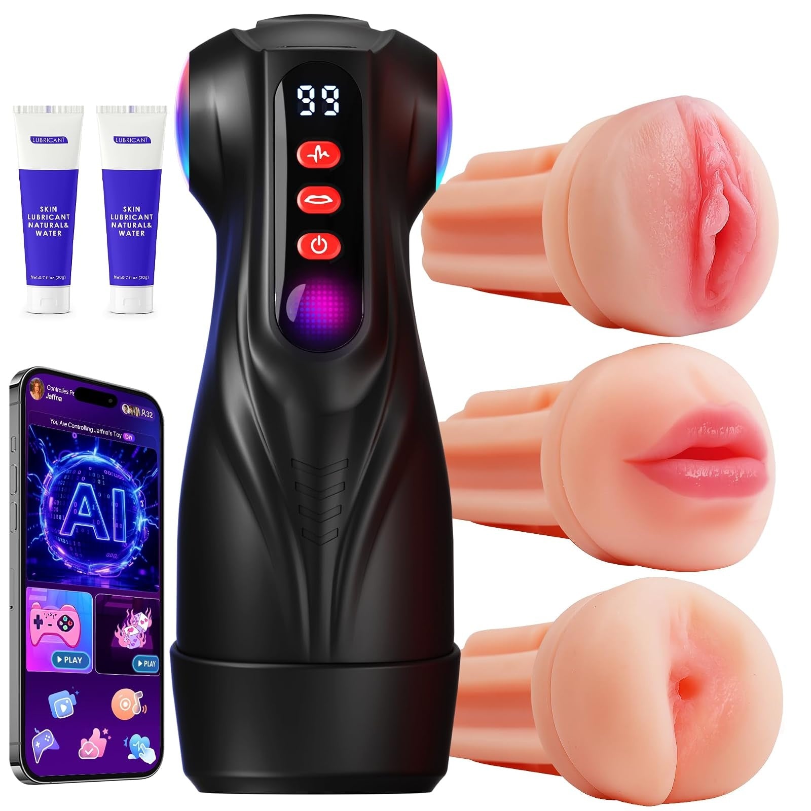 AI smart pocket stroker with three interchangeable sleeves, lubricant and the companion app