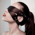Cargar la imagen en la vista de la galería, Leather blindfold harness with studded straps, head tilted back
