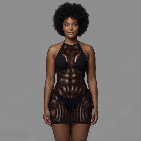 Black fishnet halter mini cover-up dress, front view on a model