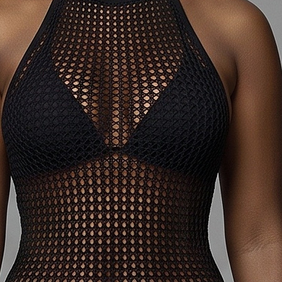 Close-up of the black open honeycomb net knit showing how sheer the mesh is