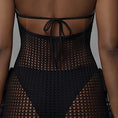 Cargar la imagen en la vista de la galería, Detail of the black dress's low scoop back edge and mesh across the shoulder blades
