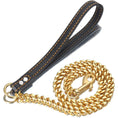 Load image into Gallery viewer, Gold Cuban link chain leash coiled with black leather handle

