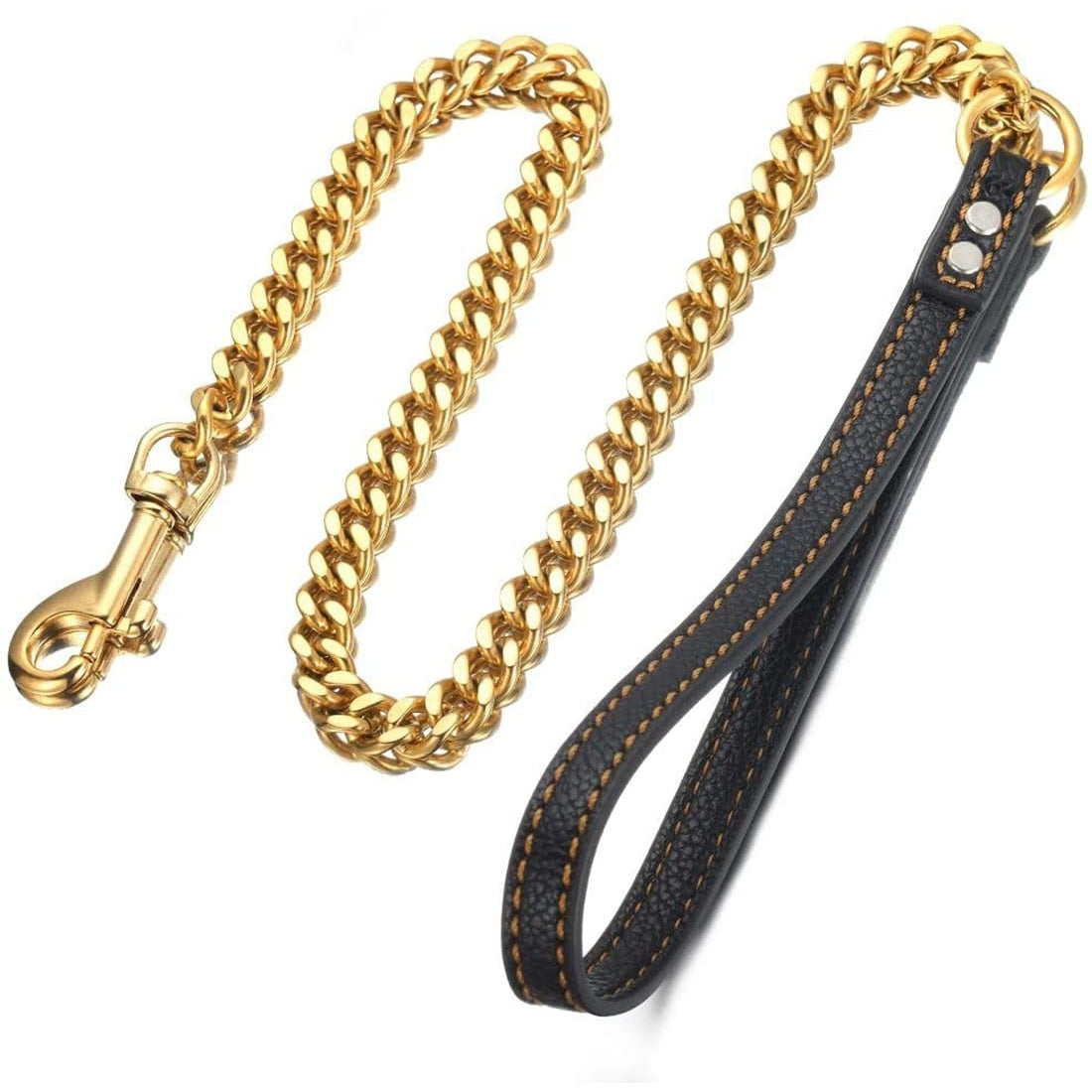 Gold curb Cuban link chain and riveted leather handle detail