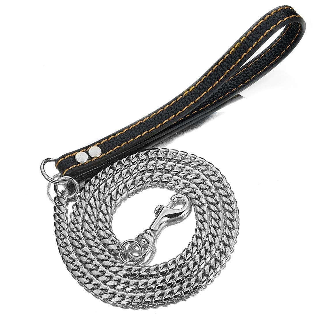 Silver Cuban link chain leash coiled with black leather handle
