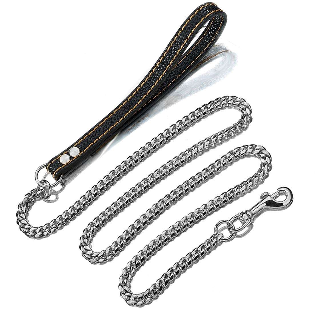 Full 5FT silver chain leash laid out showing handle and snap hook