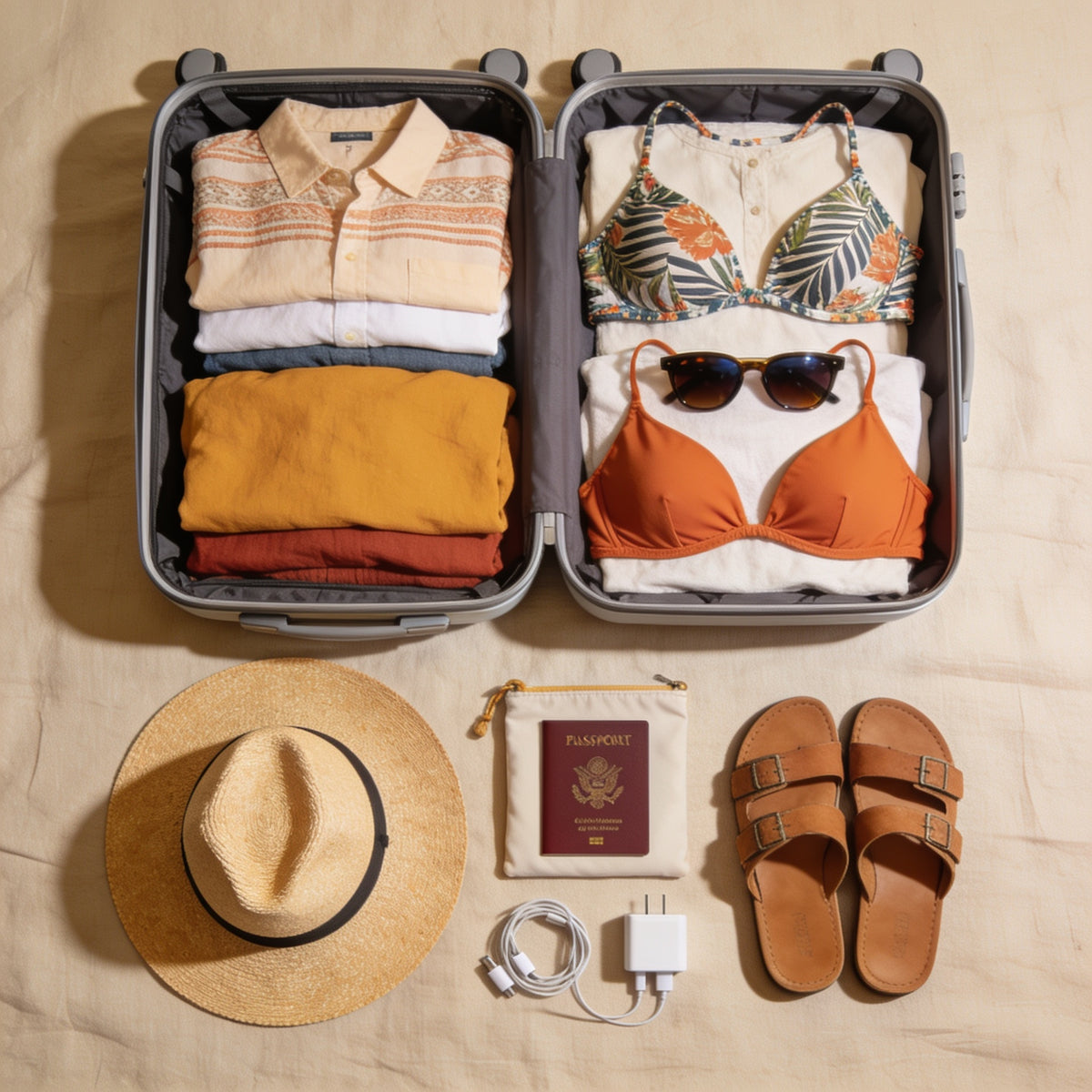 Flat-lay of a neatly packed cruise suitcase for a couple