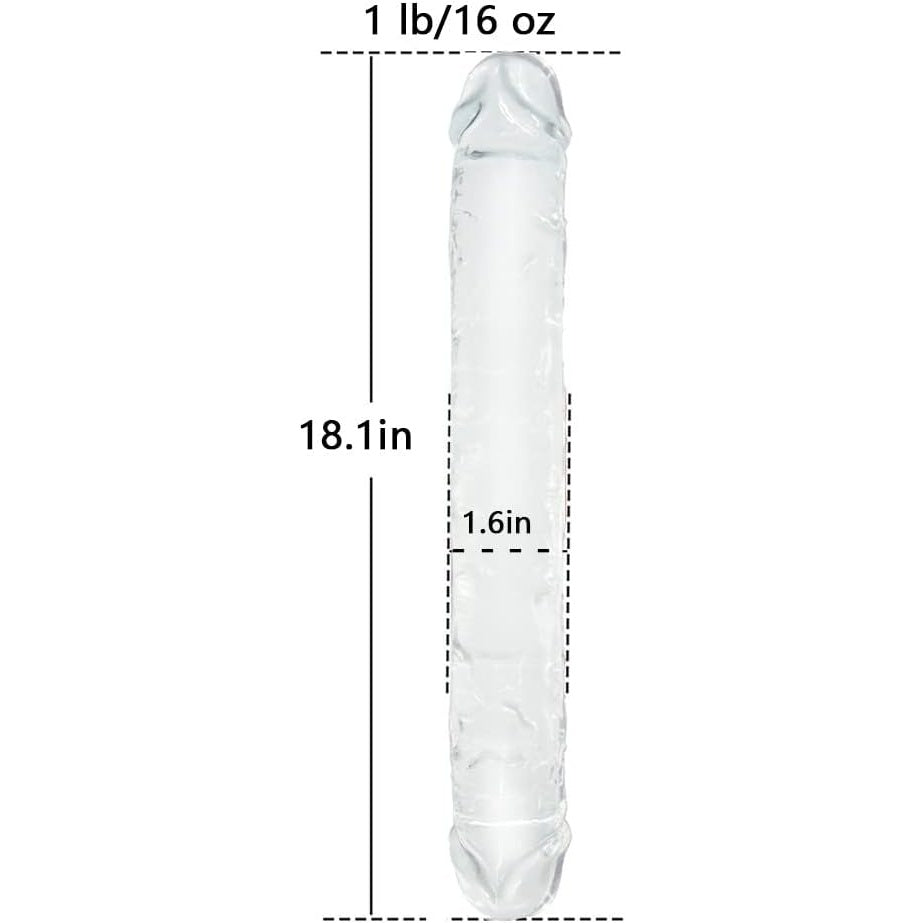 Clear double-ended dildo standing upright showing full length