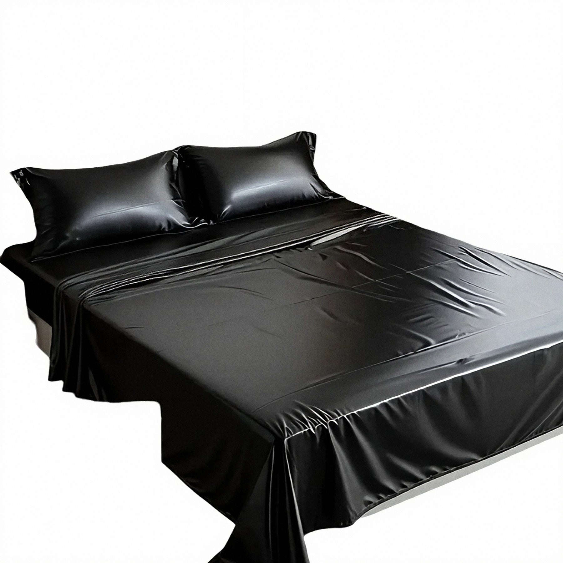 Glossy black waterproof sheet made up on a bed with pillows