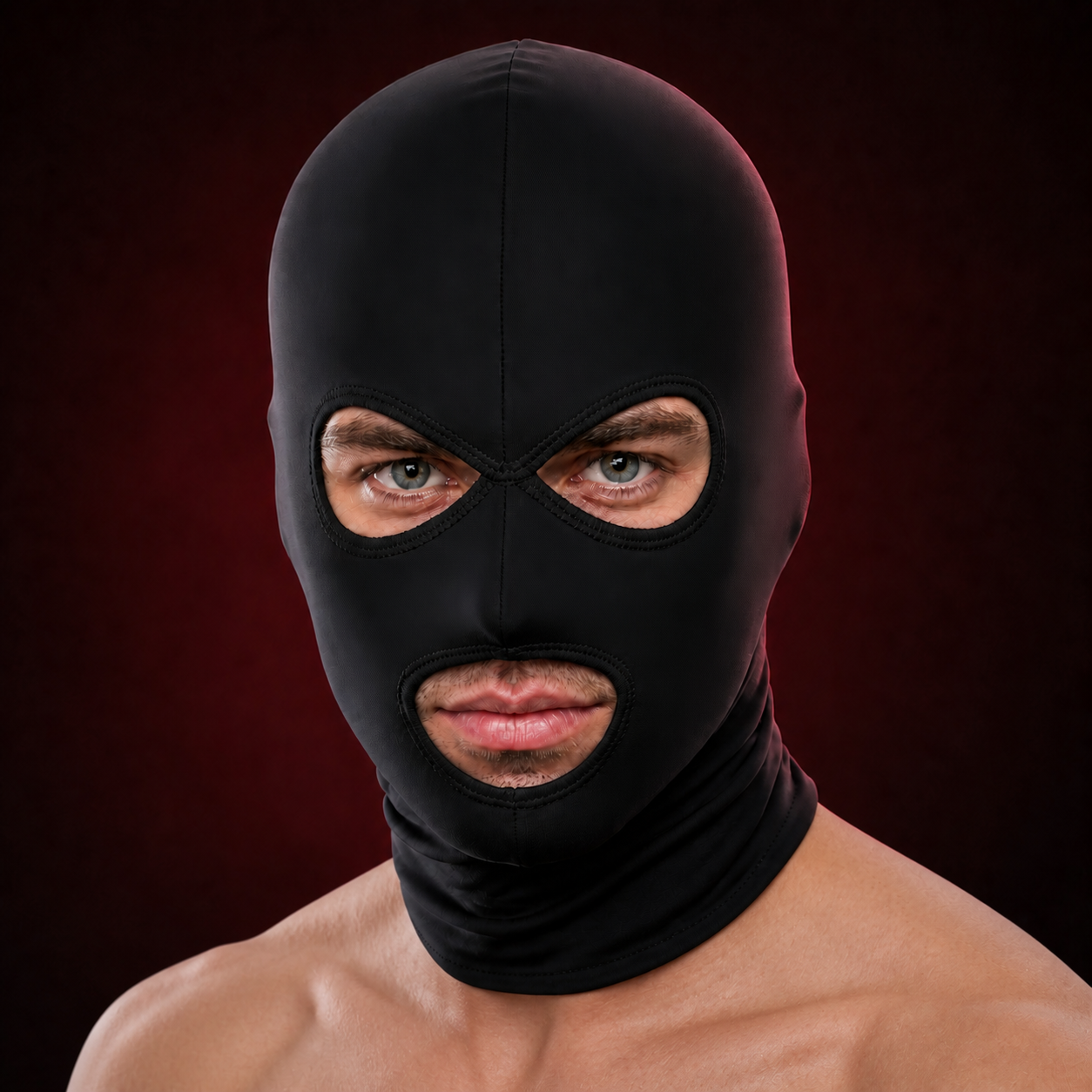Black spandex 3-hole hood worn on model, eyes and mouth open