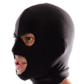 Load image into Gallery viewer, Side profile of the stretch lycra hood showing three-hole cut

