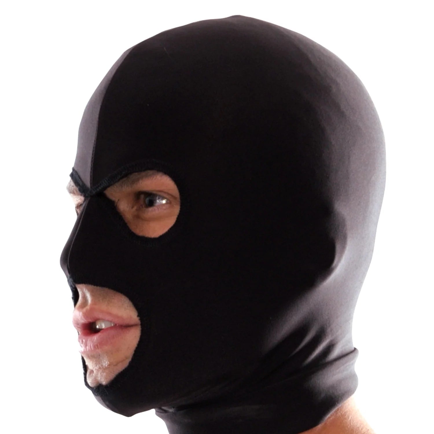 Side profile of the stretch lycra hood showing three-hole cut