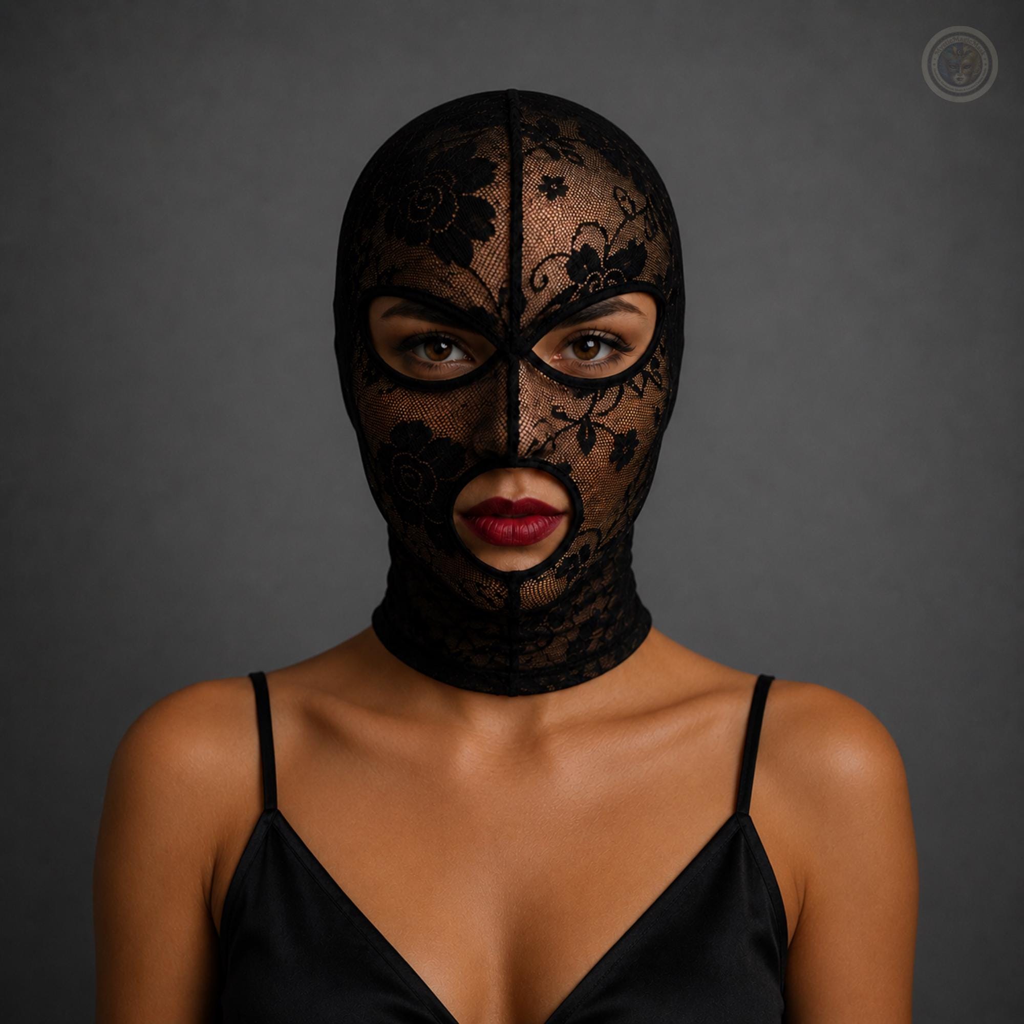 Floral lace gothic hood worn, front view with eye and mouth openings