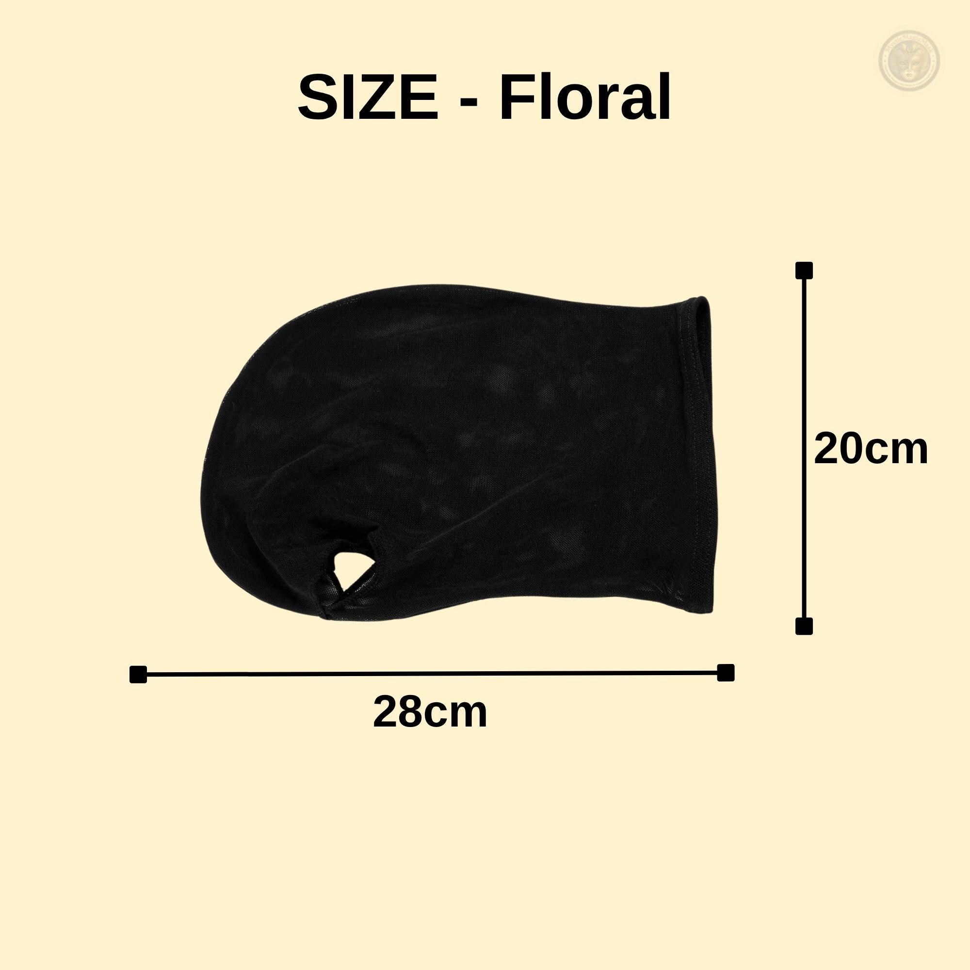 Size guide: floral lace hood measures 28 cm by 20 cm