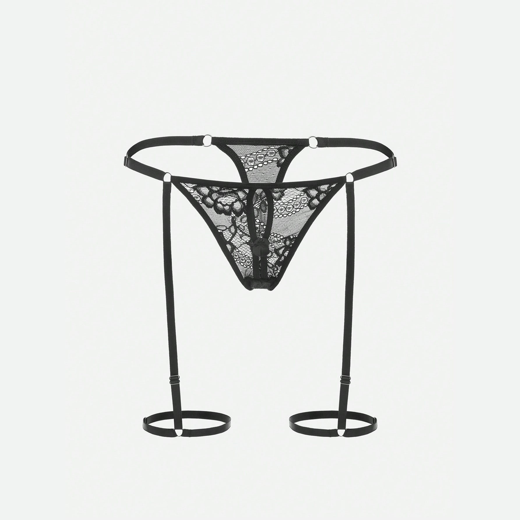 Black floral lace G-string with harness straps and leg loops, front view