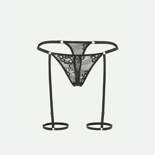 Black floral lace G-string with harness straps and leg loops, front view