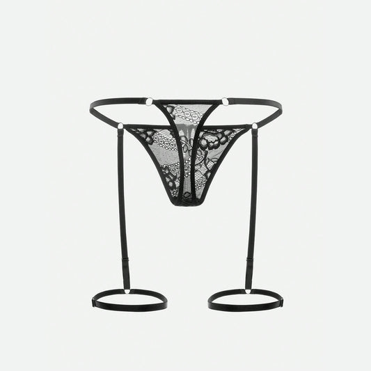 Lace G-string harness laid flat showing the full strap layout