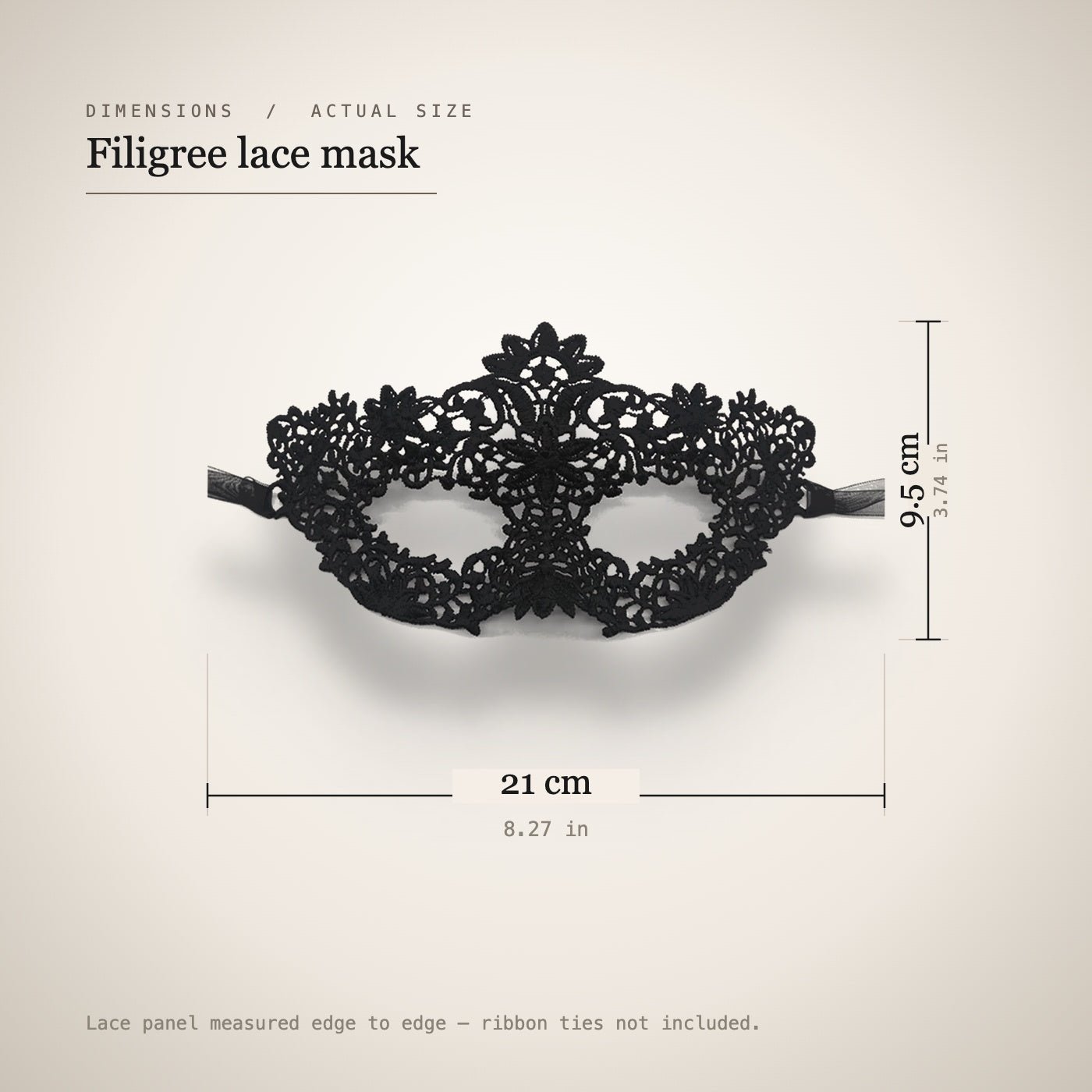 Dimension diagram: lace panel measures 21 cm by 9.5 cm