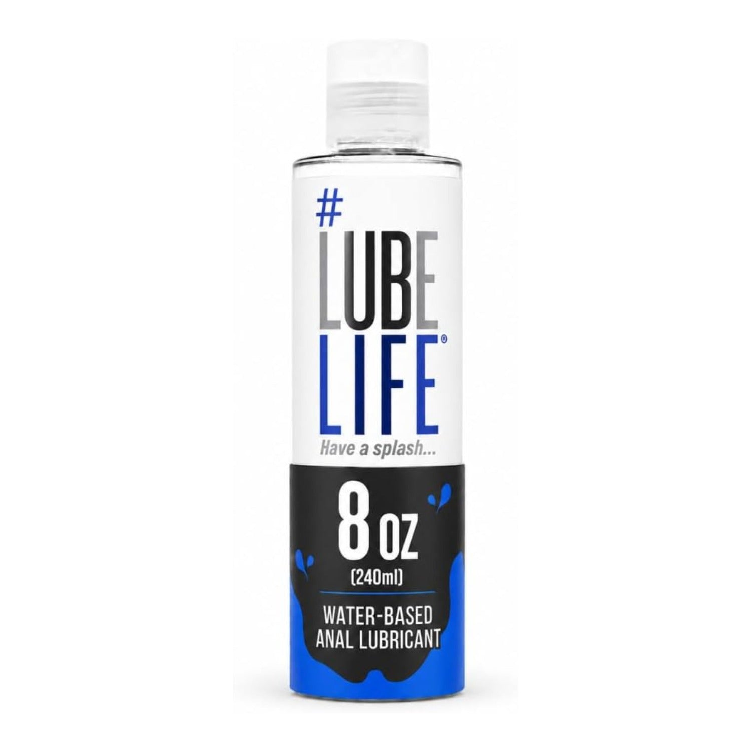 Lube Life water-based anal lube bottle on white