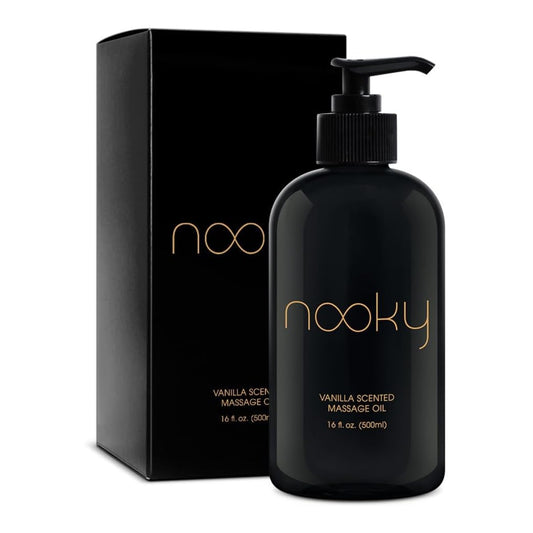 Nooky vanilla massage oil bottle on white