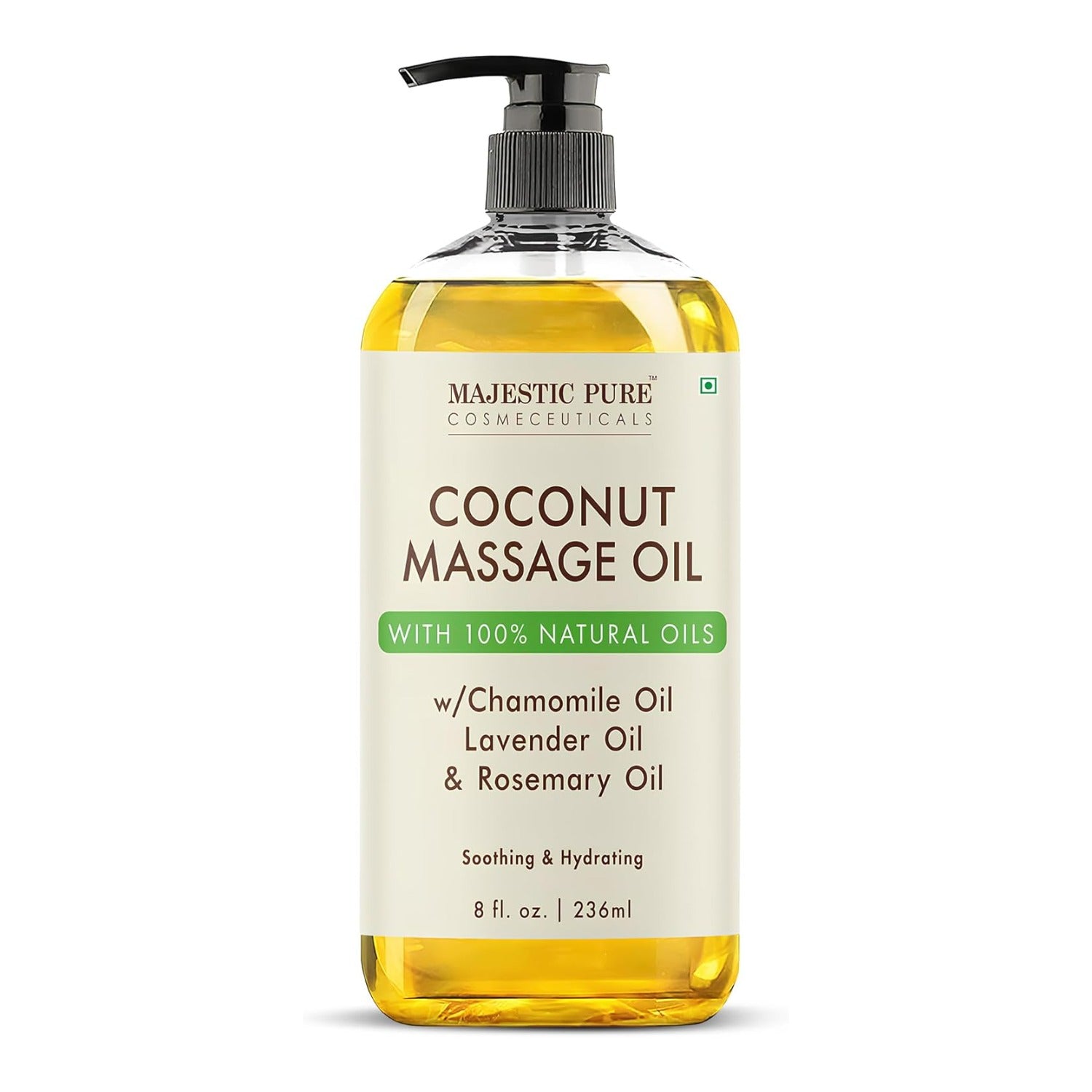 Majestic Pure coconut massage oil bottle on white