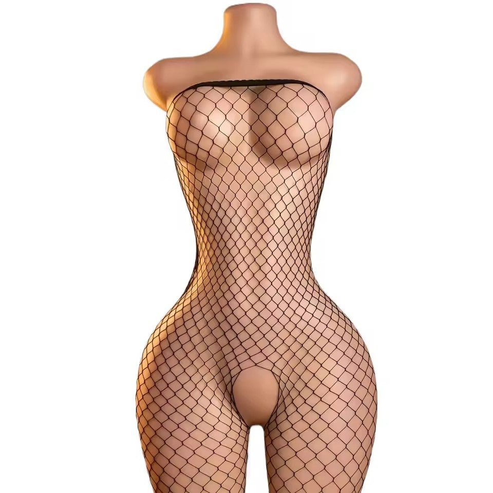 Black diamond fishnet bodystocking on a mannequin, front view on white