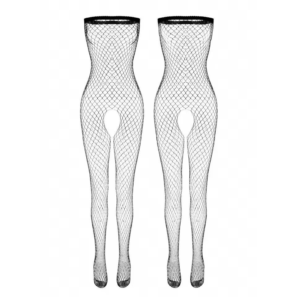 Front and back product diagram of the full-length footed open-crotch fishnet bodystocking
