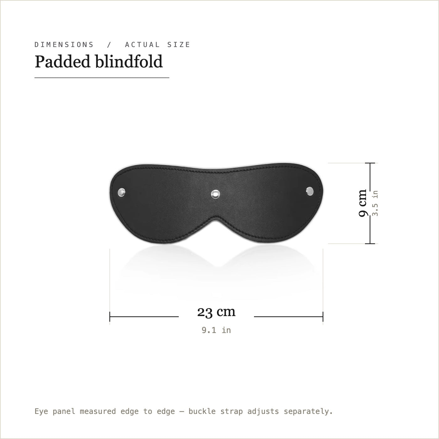Dimension diagram: eye panel measures 23 cm by 9 cm