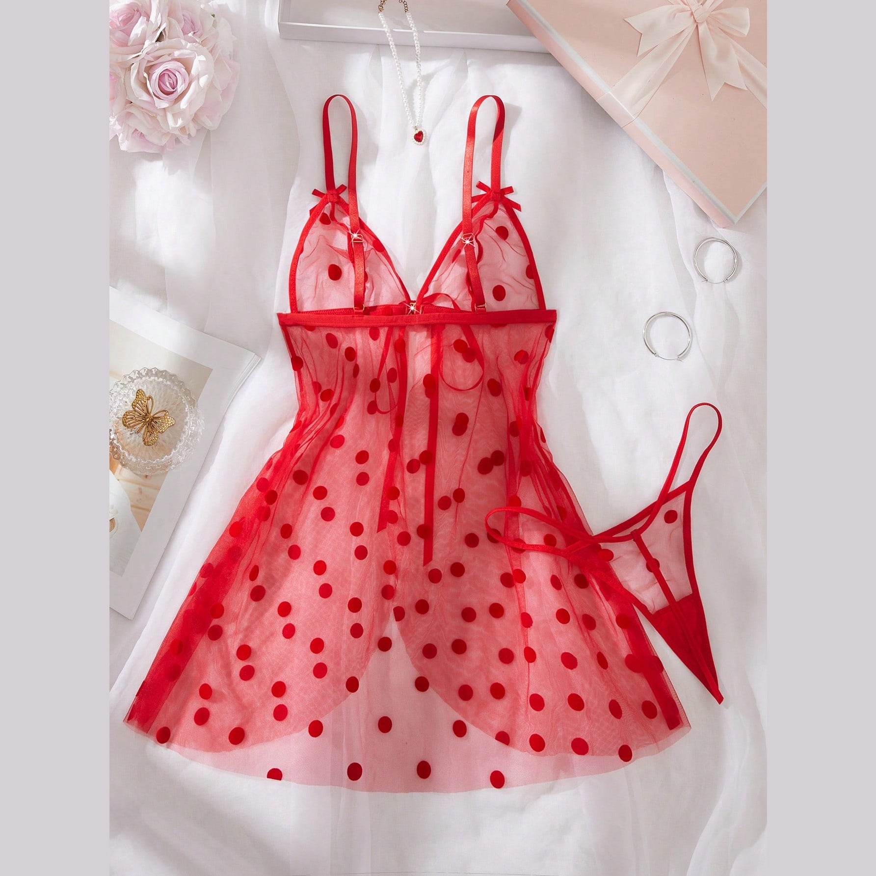 Matching red mesh thong from the two-piece set
