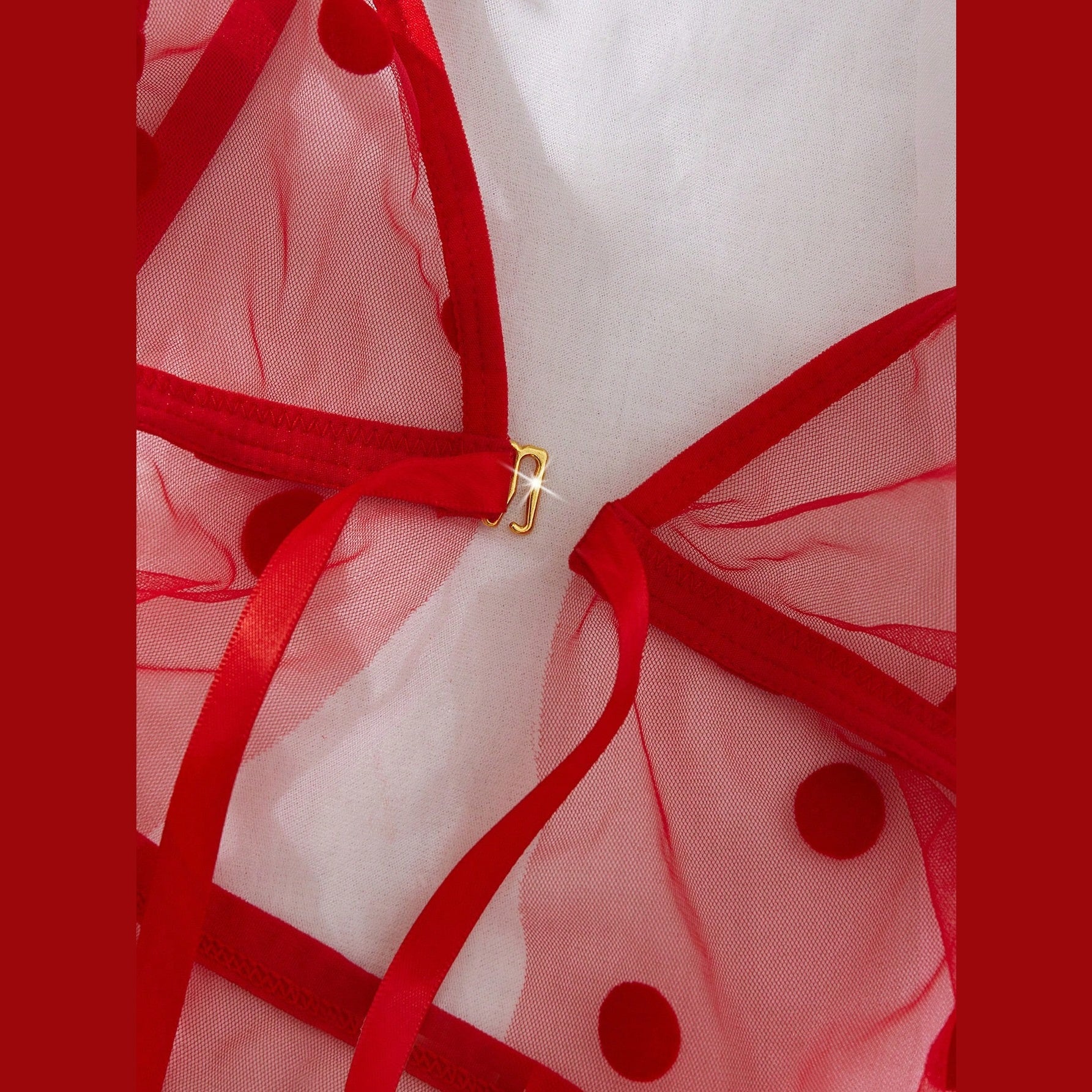 Close up of the red mesh fabric and bow detail